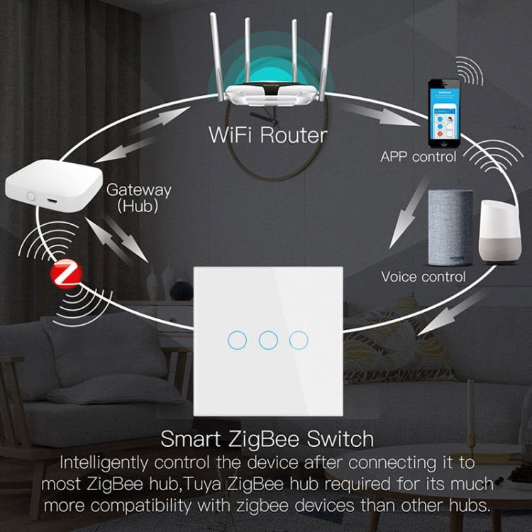 Tuya ZigBee Zero Firewire Touch Wall Remote Control Switch Light Control Voice Switch EU Plug, Style: 3 Gang (Black) - Smart Switch by PMC TechLife | Online Shopping South Africa | PMC TechLife