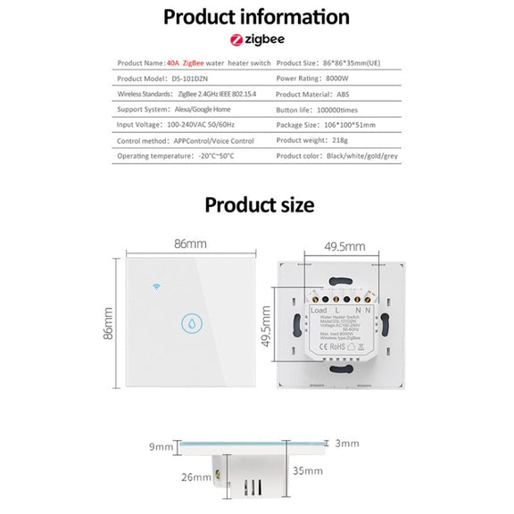Tuya ZigBee 40A Smart High Power Water Heater Light Air Conditioner Switch Time Voice Remote Control(Black)