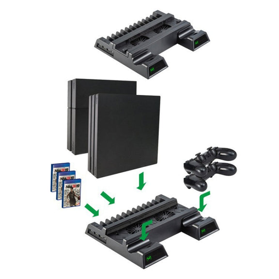 For PS4 / PS4 Slim / PS4 Pro Cooling Fan Stand Console Vertical Stand Cooler with Dual Controller Charger(Black)