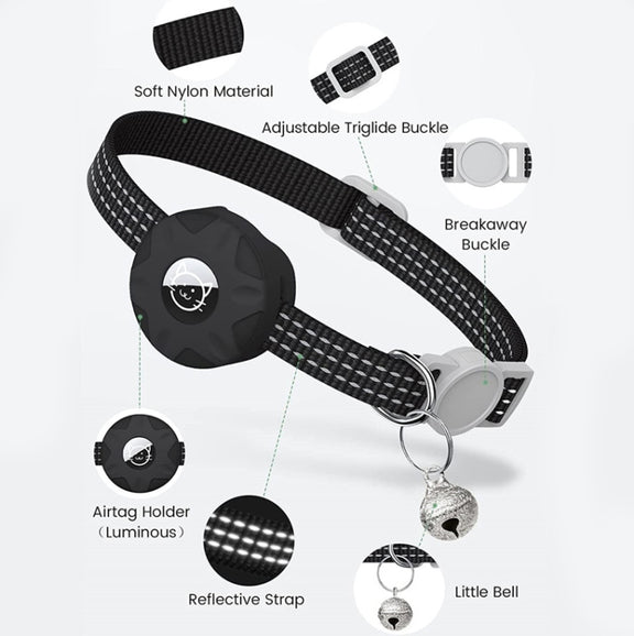 For AirTag Tracker Silicone Case Reflective Pet Cat Collar With Bell(Black)