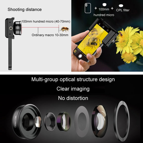 APEXEL CM-HB100CPL HB100mm HD External Macro Mobile Phone Lens with CPL(Black)