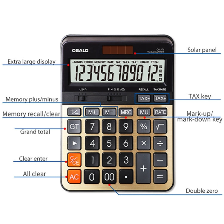 OSALO OS-3TV 12-digit LCD Screen Solar Dual Power Supply Desktop Calculator - free shipping - PMC Jewellery - Order now!