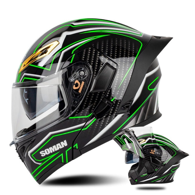 SOMAN Motorcycle Dual Lens Riding Peel-Off Full Coverage Helmet, Size: M(Bright Black Green)
