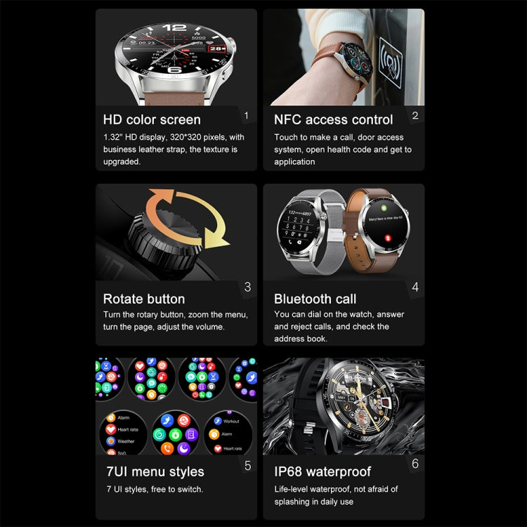 Sports Health Monitoring Waterproof Smart Call Watch With NFC Function, Color: Silver-Brown Leather - Smart Watches by PMC TechLife | Online Shopping South Africa | PMC TechLife | Buy Now Pay Later Mobicred