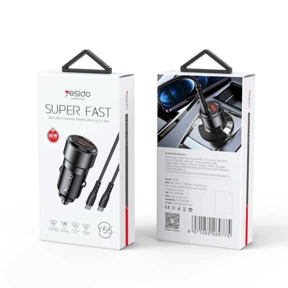 Yesido Y55 With Double Type-C/USB-C Port Line Car Charger QC3.0+PD30W Type-C/USB-C+USB Dual Port Quick Charge(Black)