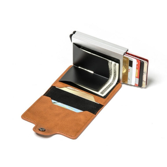 Automatic Pop-up Card Holder Metal Card Box RFID Credit Card Bank Card Box Wallet(Coffee)
