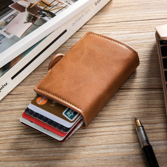 Automatic Pop-up Card Holder Metal Card Box RFID Credit Card Bank Card Box Wallet(Red)