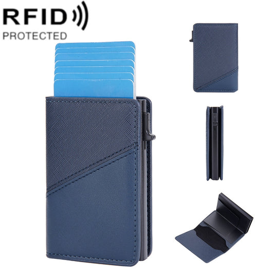 Baellerry RFID Anti-theft Aluminum Box Leather Wallet Side Push Contrasting Antimagnetic Card Holder(Blue) - free shipping - PMC Jewellery - Order now!