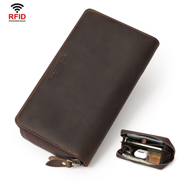 HUMERPAUL RFID Retro Zipper Multi -Card Leather Men Long Wallet Handbag(Coffee)