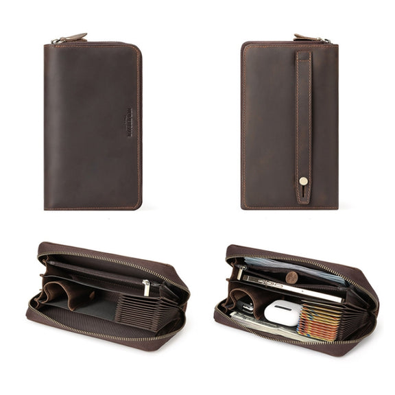 HUMERPAUL RFID Retro Zipper Multi -Card Leather Men Long Wallet Handbag(Coffee)