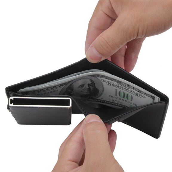 RFID Anti-Theft Short Wallet Automatic Pop-Up Aluminum Alloy Antimagnetic Card Holder(Brown)
