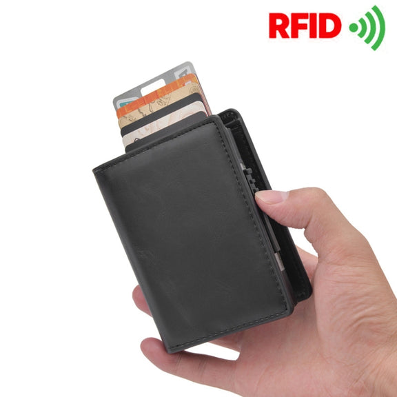 RFID Anti-Theft Short Wallet Automatic Pop-Up Aluminum Alloy Antimagnetic Card Holder(Brown)