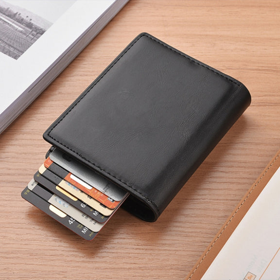 RFID Anti-Theft Short Wallet Automatic Pop-Up Aluminum Alloy Antimagnetic Card Holder(Brown)
