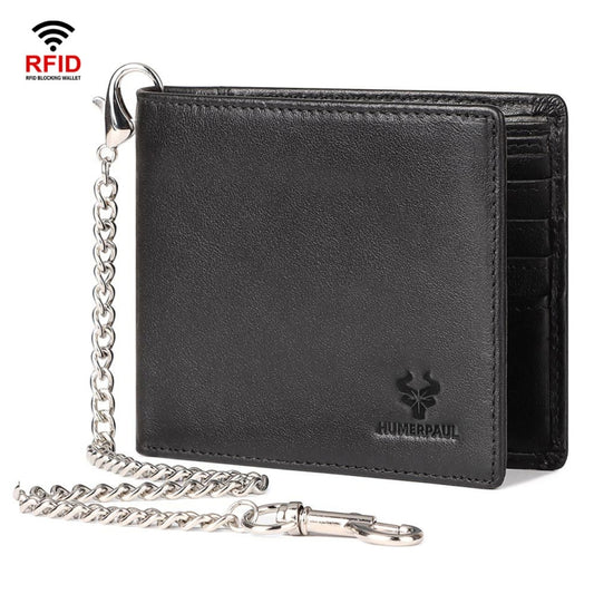 HUMERPAUL RFID Anti-Magnetic Men Pickup Card Bag Metal Chain Short Leather Wallet, Color: Black - free shipping - PMC Jewellery - Order now!