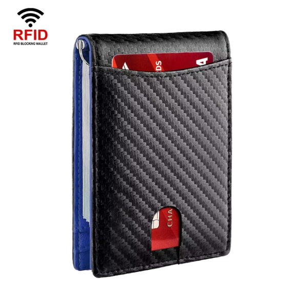 RFID Anti-Theft Brush Leather Multi Card Pocket Coin Wallet Credit Card Case(Carbon Fiber+Blue Inside)