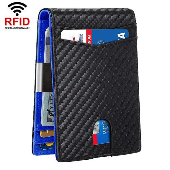 RFID Anti-Magnetic And Anti-Theft Leather Multi-Card Credit Card Wallet Coin Purse(Carbon Fiber Black+Blue Inner)