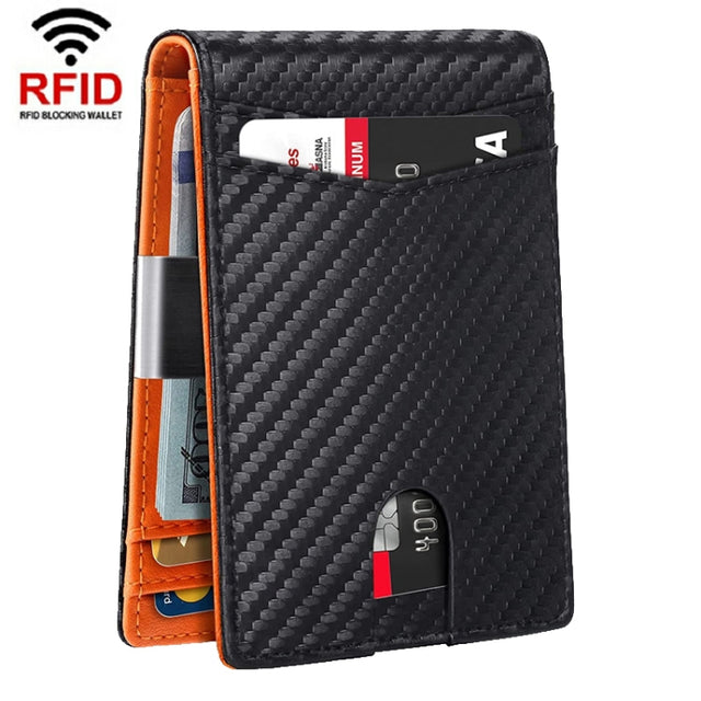 RFID Anti-Magnetic And Anti-Theft Leather Multi-Card Credit Card Wallet Coin Purse(Carbon Fiber Black+Orange Inside)