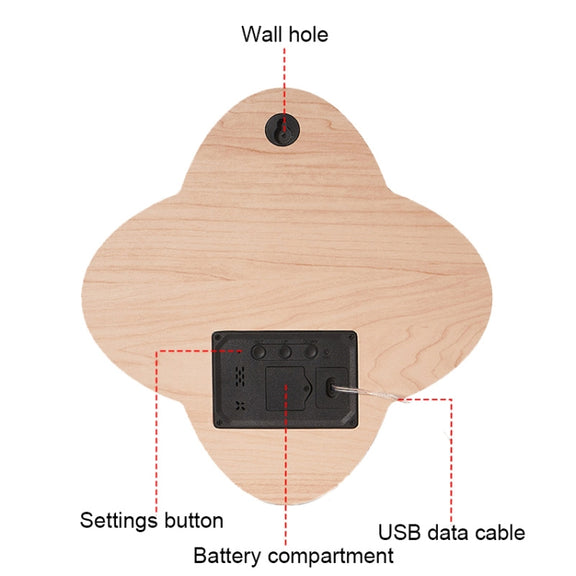 G236 LED Digital Display Flower Shape Living Room Wall Clock(Wood Grain)