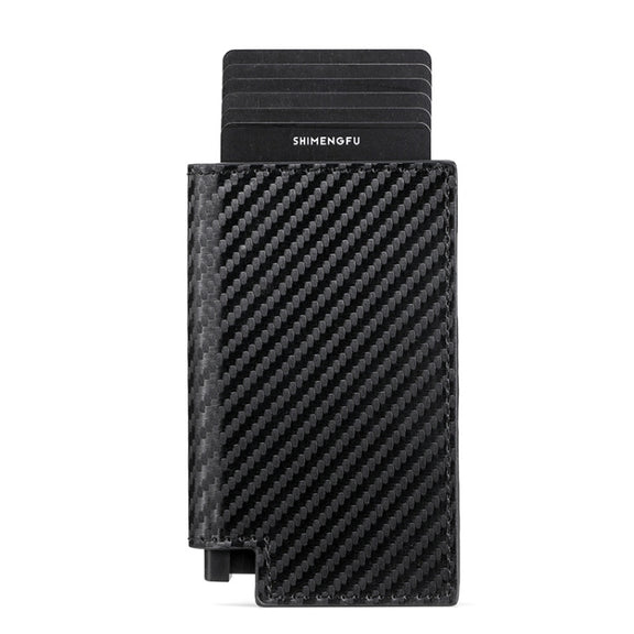 Pop-up Leather Metal Card Holder RFID Bifold Wallet(Carbon Fiber Black)