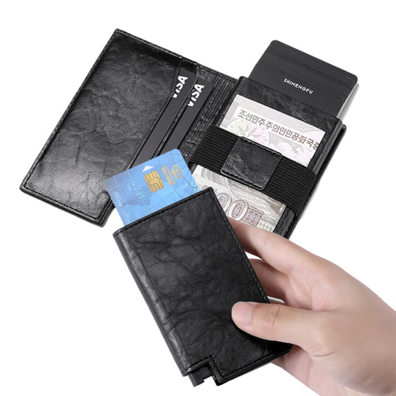 Pop-up Leather Metal Card Holder RFID Bifold Wallet(Carbon Fiber Black)