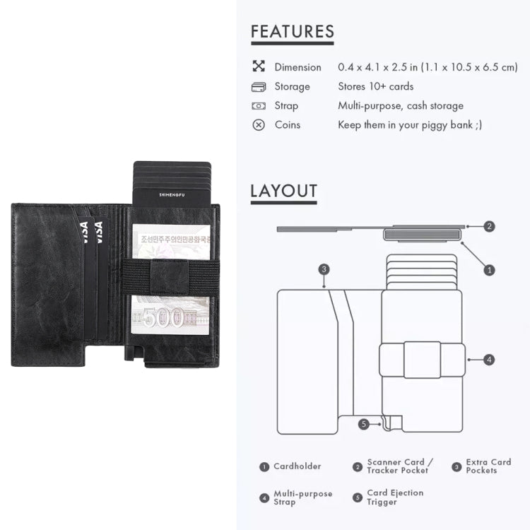Pop-up Leather Metal Card Holder RFID Bifold Wallet(Carbon Fiber Black)