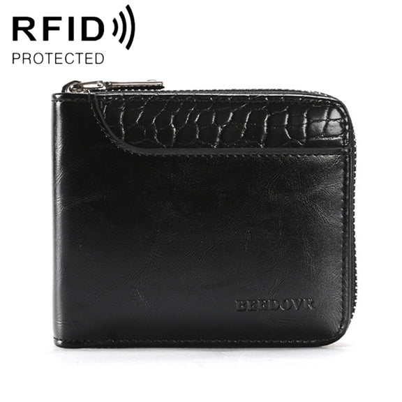 RFID Anti-Theft Swipe Mens Wallet Multifunctional Short Zipper Purse(Black)