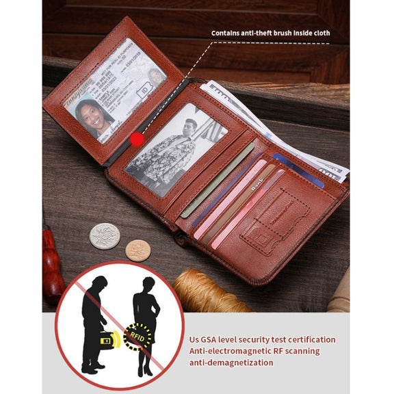 Bull Captain Men Wallet First-layer Cowhide Coin Clip RFID Retro Vertical ID Holder(Brown)