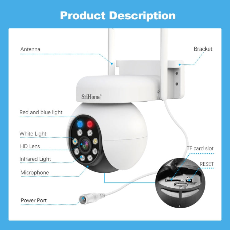 SriHome SH052 Wifi 5MP Wireless PTZ IP AI Auto Tracking Sound&Light Alarm Starlight Color Night Vision Outdoors Surveillance Camera, Plug: UK - free shipping - PMC TechLife - Order now!