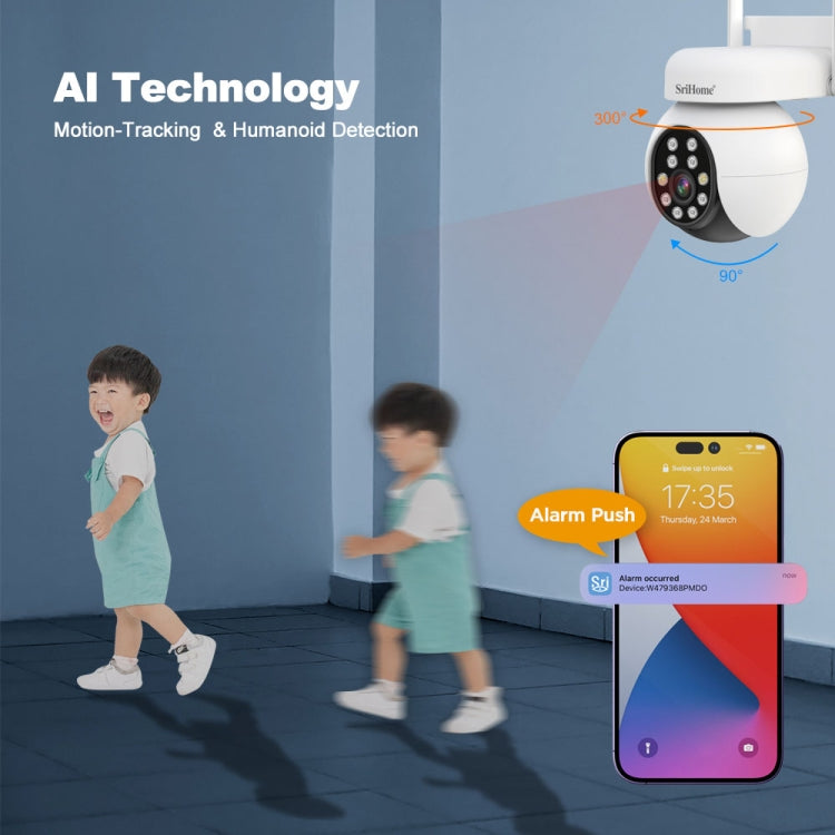 SriHome SH052 Wifi 5MP Wireless PTZ IP AI Auto Tracking Sound&Light Alarm Starlight Color Night Vision Outdoors Surveillance Camera, Plug: EU - free shipping - PMC TechLife - Order now!