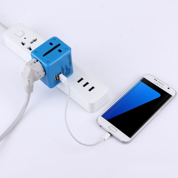 World-Wide Universal Travel Concealable Plugs Adapter with & Built-in Dual USB Ports Charger for US, UK, AU, EU(Blue)