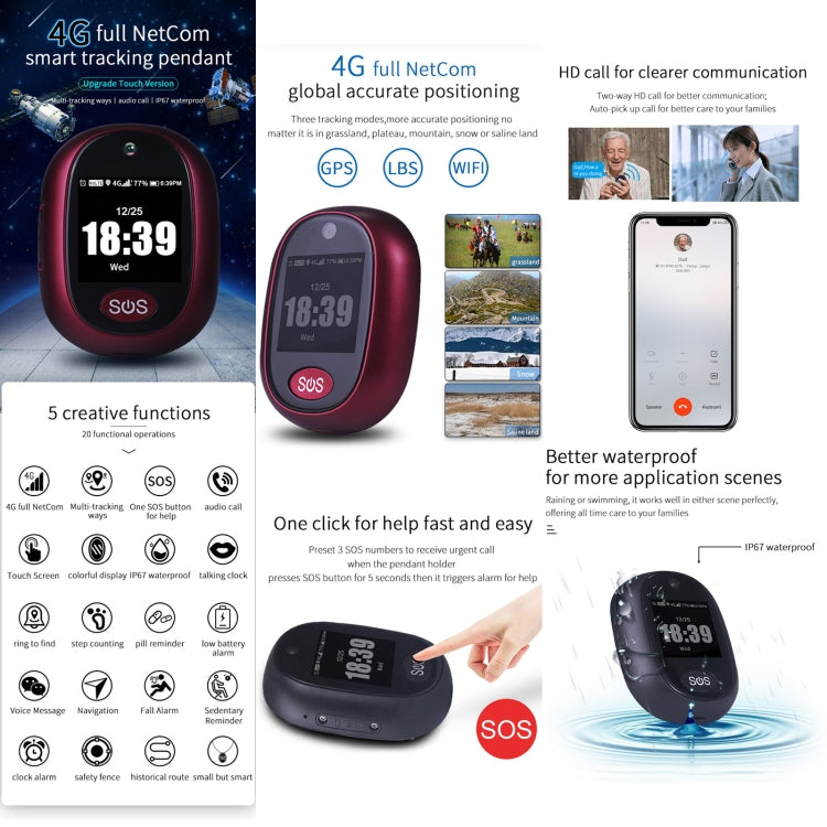 REACHFAR RF-V45-A Mini Touch Screen GPS Smart Tracker Pendant, Support SOS / Camera / Health Management / Video Calling / 4G LTE, For Asia/Europe/Africa / Australia(Wine Red) - free shipping - PMC TechLife - Order now!