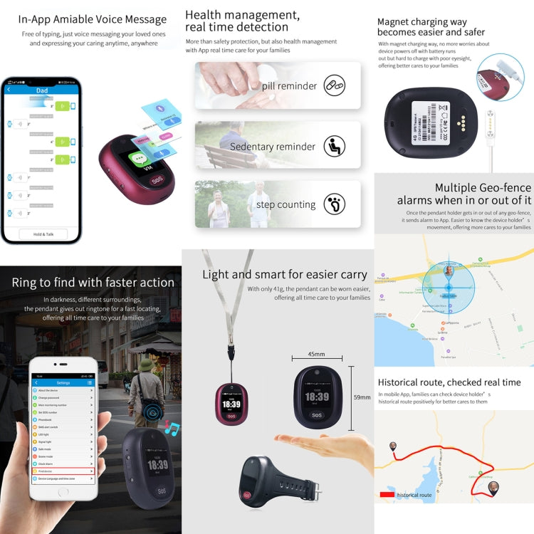 REACHFAR RF-V45-A Mini Touch Screen GPS Smart Tracker Pendant, Support SOS / Camera / Health Management / Video Calling / 4G LTE, For Asia/Europe/Africa / Australia(Wine Red) - free shipping - PMC TechLife - Order now!
