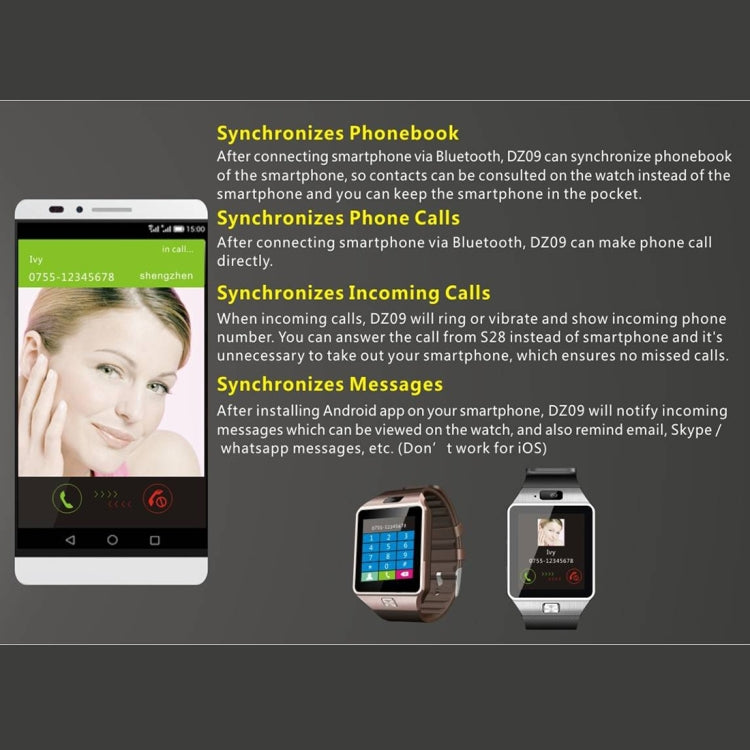 DZ09 1.56 inch Screen Bluetooth 3.0 Android 4.1 OS Above Smart Watch Phone with Bluetooth Call & Call Reminder & Sleep Monitor & Pedometer & Sedentary Reminder & Calendar & SMS & Audio and Video Player & Anti-loss Function(Gold) - Smart Watches by PMC TechLife | Online Shopping South Africa | PMC TechLife | Buy Now Pay Later Mobicred