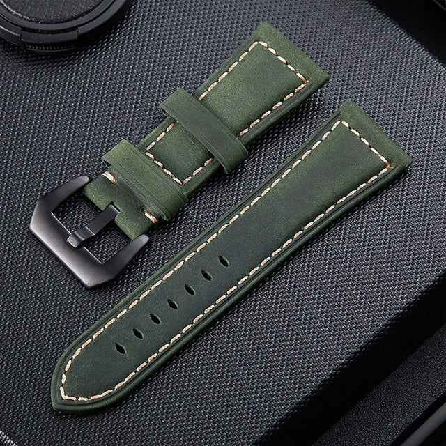 Crazy Horse Layer Frosted Black Buckle Watch Leather Watch Band, Size: 26mm (Army Green)