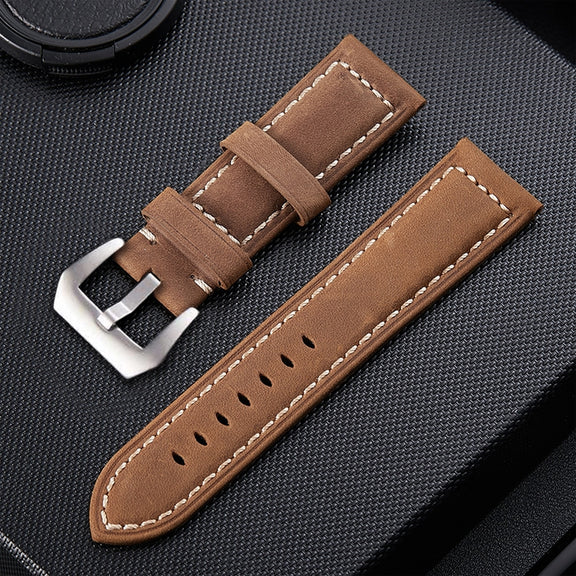 Crazy Horse Layer Frosted Silver Buckle Watch Leather Watch Band, Size: 22mm(Light Brown)