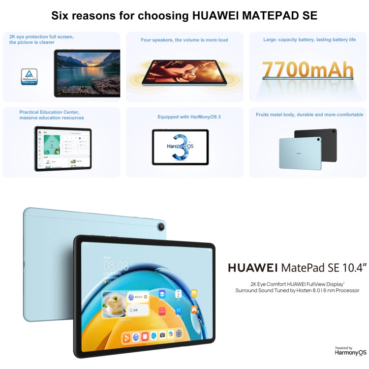 HUAWEI MatePad SE Wi-Fi, 10.4 inch, 6GB+128GB, HarmonyOS 3 Qualcomm Snapdragon 680 Octa Core, Support Dual WiFi / BT, Not Support Google Play(Blue) - free shipping - PMC TechLife - Order now!